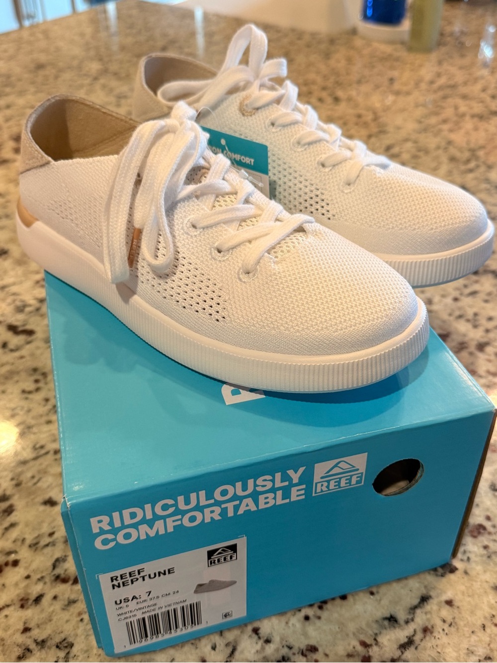 Reef White Knit Sneaker with Tan Heel Accent